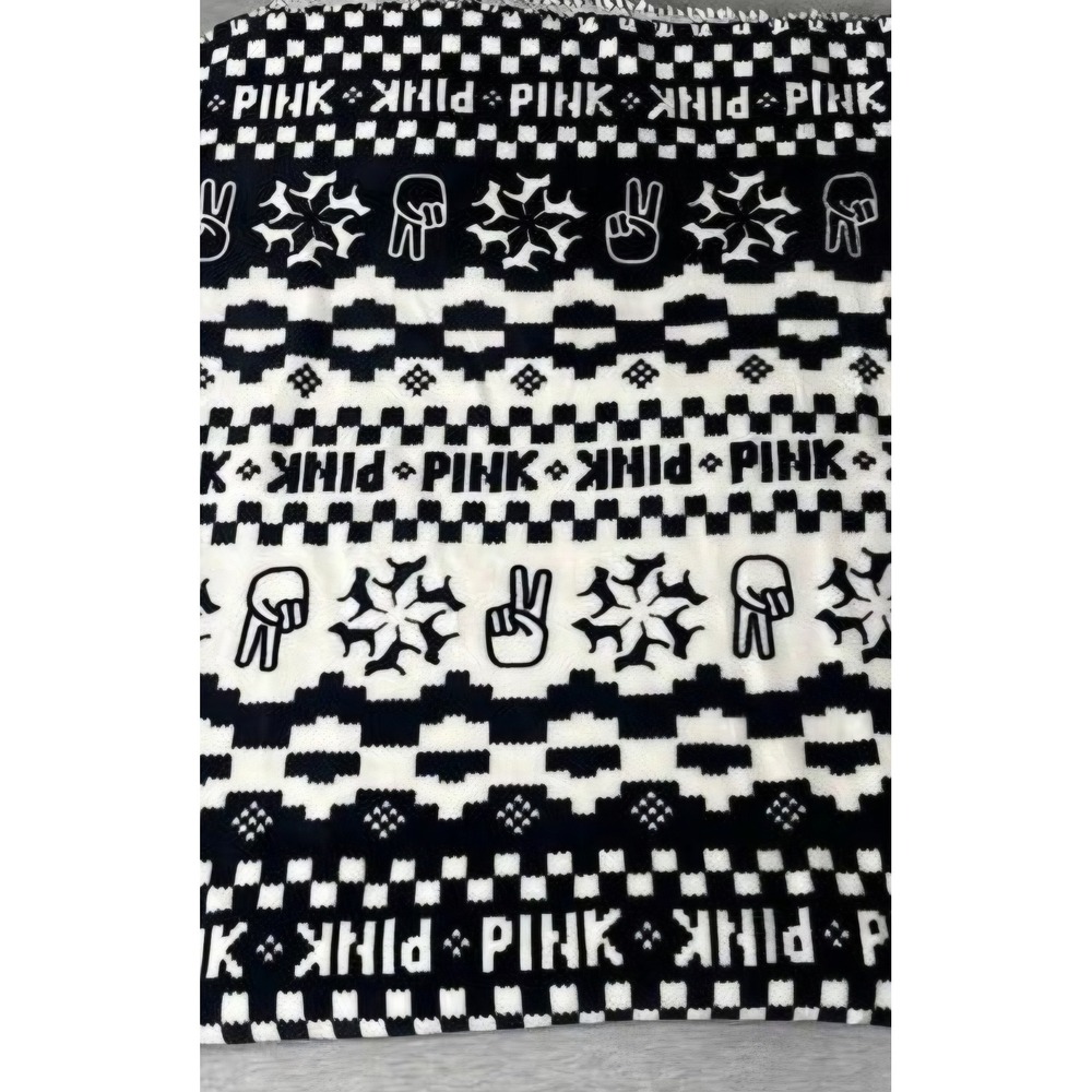 Victoria's Secret Pink Sherpa Blanket Fair Isle Peace Dog Black/White 50x60 NEW